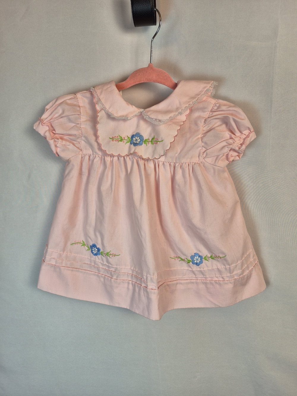 1970s Cuties By Judy VTG Pink Baby Dress with Blue Floral Embroidery Size 12M